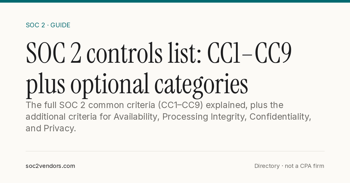 SOC 2 controls list: CC1–CC9 plus optional categories